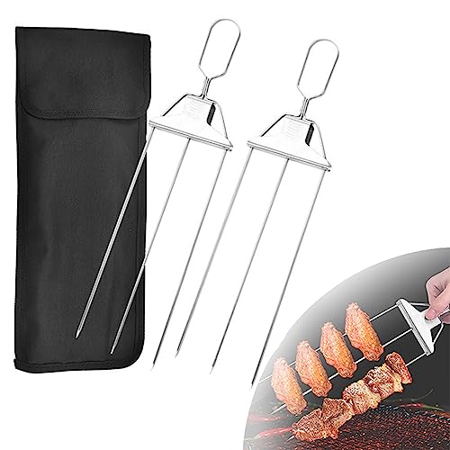 3 Way Grill Skewers, Halbautomatische Grillgabel Aus Edelstahl, BBQ Grillspieße Mit Schiebestange, BBQ Zubehör Kabob Spieße Für Fleisch, Huhn, Würstchen, Gemüsesorten (2pcs) von EBbels