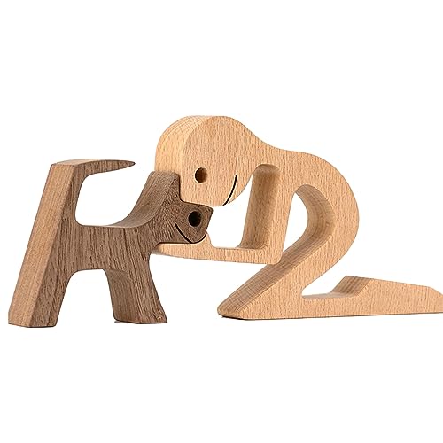 EBbels Hölzerne Hunde Katzen Familienstatue, Kreative Handgefertigte Hölzerne Welpenfigur, Welpe Und Menschen Skulptur Basteldekoration, Geschenke Für Tierliebhaber (5) von EBbels