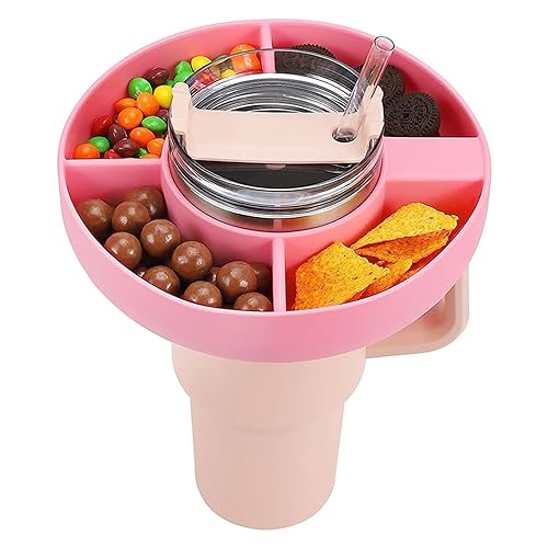 EBbels Snackschale Für 40 Oz Trinkbecher, Snackring Für Becher, Silikon Snackbehälter Für Trinkbecher Mit Griff, Snack Ringtablett Behälter Mit 4 Wiederverwendbaren Fächern (Rosa) von EBbels