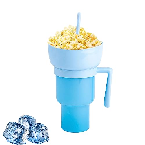 EBbels Stadionbecher Mit Snackschale, Snackbecher Mit Deckel Und Strohhalm, 2-in-1-Snack- Und Getränkebecher, Auslaufsicherer Snackbecher Für Kino, Ausflug, Zuhause (Hellblau) von EBbels