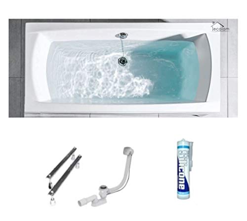 ECOLAM Badewanne Wanne Rechteck Ines Polimat Design Acryl weiß 190x90 cm + Ablaufgarnitur Ab- und Überlauf Automatik Füße Silikon, Rechteckbadewanne für Zwei von ECOLAM
