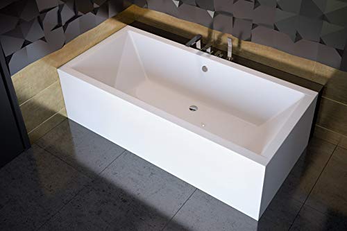ECOLAM Badewanne Wanne Rechteck Quadro Design Acryl weiß 170x75 cm + Schürze Ablaufgarnitur Ab- und Überlauf Automatik Füße Silikon Komplett-Set, Rechteckbadewanne für zwei von ECOLAM