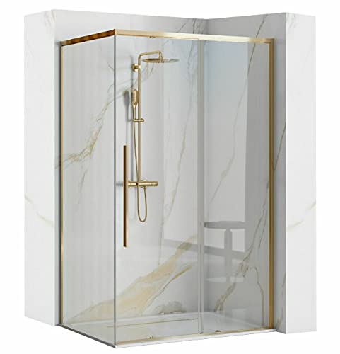 ECOLAM Dusche Duschkabine Eckdusche SOLAR Gold Klarglas transparent 80 x 100 x Höhe 195 cm golden bodengleich easy-clean Schiebetür Rechteck von ECOLAM