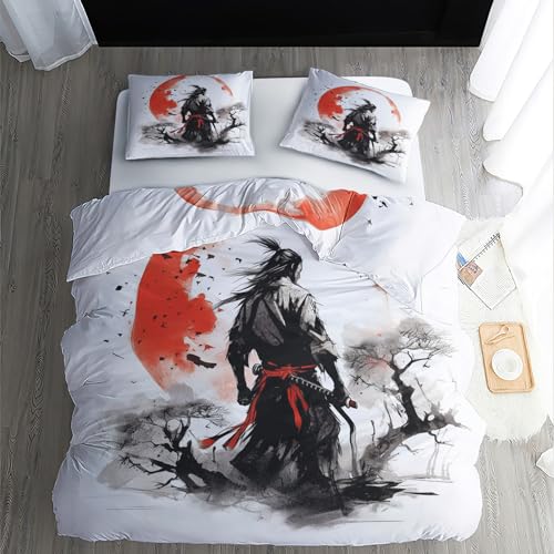 ECOTOS Japanischer Samurai Bettwäsche 155x220 cm - Bettbezug Anime, Weich & Bügelfrei & Atmungsaktiv Mikrofaser Wendebettwäsche & 1 Kissenbezug 80x80, Bettwäsche-Sets mit Reißverschluss von ECOTOS