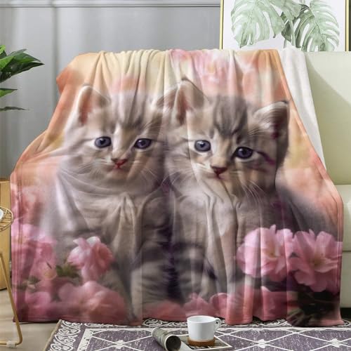 ECOTOS Kuscheldecke 220x240 Kätzchen Flauschige Decke Katzen Rosa Blumen Fleecedecke Sofadecke Couchdecke, Flanell Decken Blanket, Große XXL Wohndecke Winter Warm Weich von ECOTOS