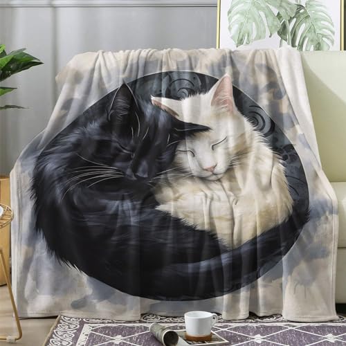 Kuscheldecke Schwarz Katzen Flauschig Decke 220x240 Weiß Katzen Fleecedecke Sofadecke Couchdecke, Flanell Decken Blanket, Große XXL Wohndecke Winter Warm Weich von ECOTOS