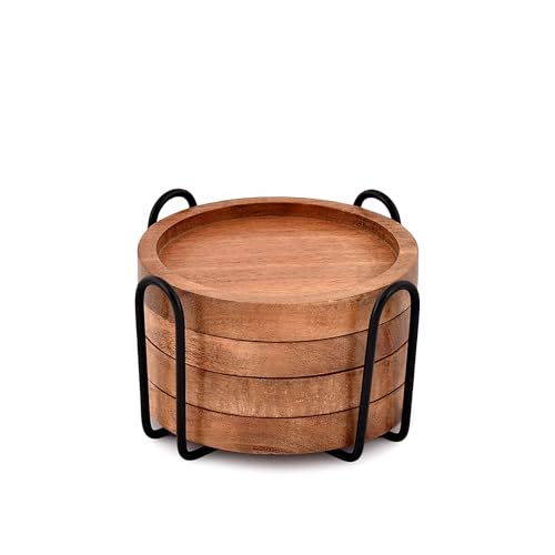 EDHAS Acacia Wood Round Coasters Set of 4 with Iron Holder for Drinks, Tabletop Protection for Any Table Type for Bar Kitchen Home Apartment (10.16cm x 10.16cm x 1.27cm) von EDHAS