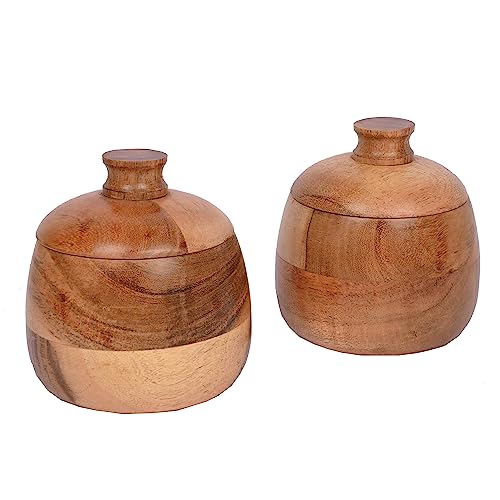 EDHAS Round Acacia Wood Condiment Pot With Lids, for Salt Sugar Pepper or Chili Powder, Set Of 2 for Kitchen, Serving, Condiment, (7.62cm x 7.62cm x 10.16cm) von EDHAS