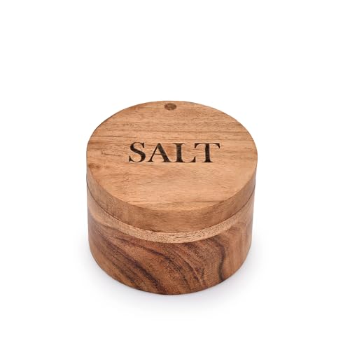 EDHAS Runde Salz- und Gewürzbox aus Akazienholz mit magnetischem Drehdeckel für Küchenarbeitsplatte, Salzgravur auf Deckel (8,9 x 8,9 x 6,3 cm) von EDHAS