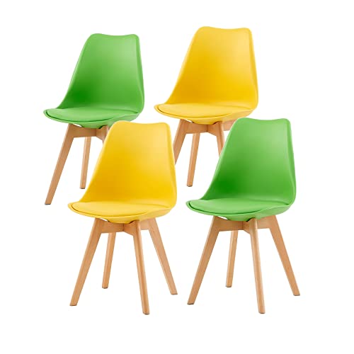 EGGREE 4er Set Esszimmerstühle mit Massivholz Buche Bein SGS Geprüfter Skandinavisch Design Gepolsterter Stuhl Küchenstuhl Holz, 2 Gelb + 2 Grün von EGGREE