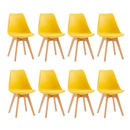 EGGREE 8er Set Esszimmerstühle mit Massivholz Buche Bein SGS Geprüfter, Retro Design Gepolsterter lStuhl Küchenstuhl Holz,Gelb von EGGREE