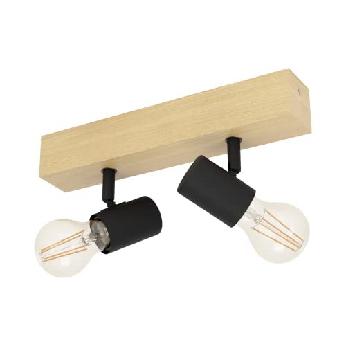 EGLO Deckenlampe Townshend 3, 2 flammiger Vintage Deckenspot im Industrial Design, Retro Lampe aus Stahl und Holz, Farbe: Schwarz, braun, Fassung: E27 von EGLO