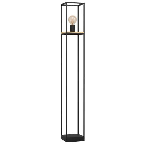EGLO Stehlampe Libertad, 1 flammige Stehleuchte, Standleuchte aus Metall in Schwarz und Holz in Natur, Wohnzimmerlampe, Lampe mit Tritt-Schalter, E27 Fassung von EGLO