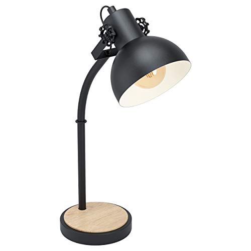 EGLO Tischlampe Lubenham, 1 flammige Vintage Tischleuchte im Industrial Design, Retro Nachttischlampe aus Stahl und Holz, Farbe: Schwarz, braun, Fassung: E27, inkl. Schalter von EGLO