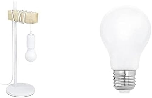 EGLO Tischlampe Townshend, Vintage Tischleuchte im Industrial Design, Retro Lampe inkl. LED Leuchtmittel, Nachttischlampe aus Stahl und Holz, Weiß, braun, inkl. Schalter von EGLO