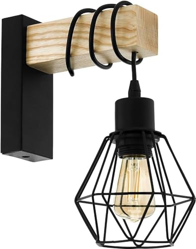 EGLO Wandlampe Townshend 5, 1 flammige Vintage Wandleuchte im Industrial Design, Retro Lampe aus Stahl und Holz, Farbe: Schwarz, braun, Fassung: E27 von EGLO