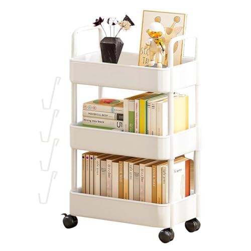 EHOTER Beweglicher Bücherregalwagen Drehbarer Abnehmbarer Multifunktionaler Rollwagen aus Kunststoff Schreibtisch Bücherregal Schreibtisch Organizer mit Rädern (weiß,DREI Fächern) von EHOTER