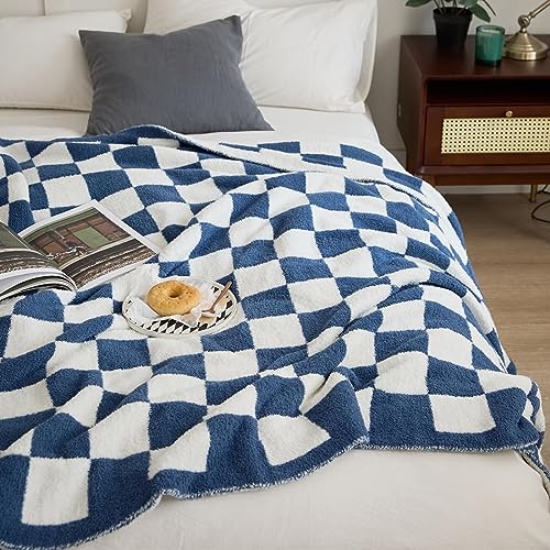 EHOTER Schachbrett Decke Kariert Schachbrett Gingham Überwurf Decke Flauschig Gemütlich Dick Warm Weich Mikrofaser für Heimdekoration Bett Sofa Couch Geschenk (Blau) von EHOTER