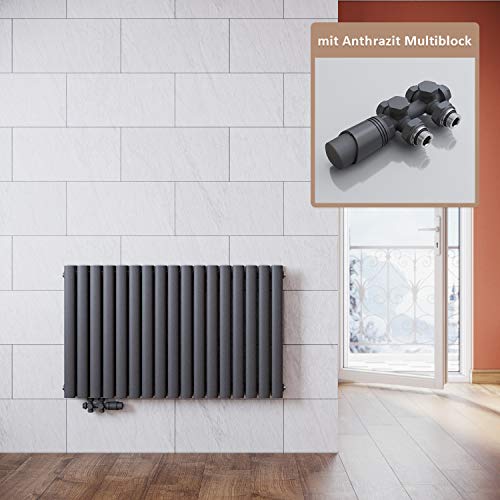 ELEGANT Heizkörper Modern Anthrazit 600x1003mm mit Anthrazit Multiblock Thermostat Design Heizkörper Horizontal Doppellagig Röhrenheizkörper Mittelanschluss von ELEGANT