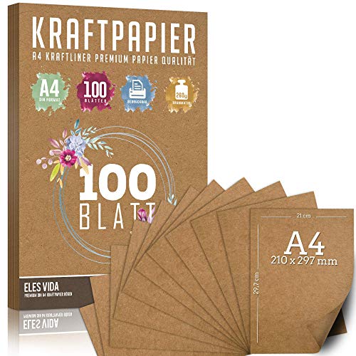 100 Blatt Kraftpapier A4 Set - 260 g - 21 x 29,7 cm - DIN Format - Bastelpapier & Naturkarton Pappe Blätter aus Kraftkarton zum Drucken, Kartonpapier Basteln für Vintage Hochzeit Geschenke Etiketten von ELES VIDA