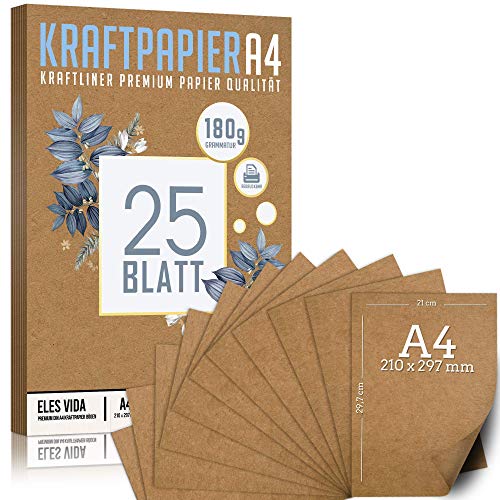 25 Blatt Kraftpapier A4 Set - 180 g - 21 x 29,7 cm - DIN Format - Bastelpapier & Naturkarton Pappe Blätter aus Kraftkarton zum Drucken, Kartonpapier Basteln für Vintage Hochzeit Geschenke Etiketten von ELES VIDA