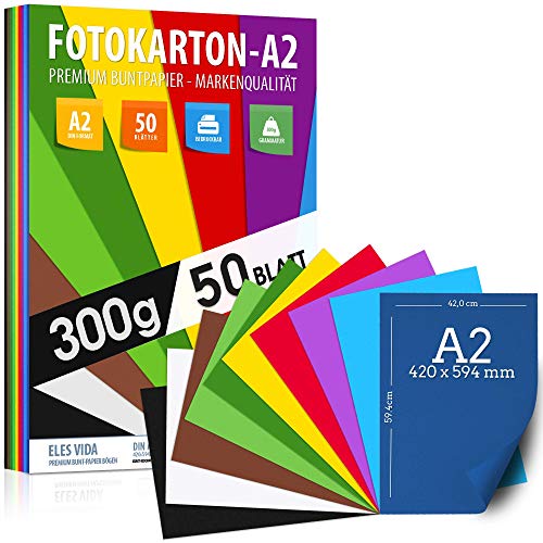 50 Blatt BUNTES PAPIER DIN A2-300g/m² Fotokarton Set 10 Farben - Bastelpapier & Farbige Blätter Pappe, Kinder & DIY Bogen, Zubehör zum Basteln für Fotoalbum Geschenke, Kreativ sein, MADE IN GERMANY von ELES VIDA