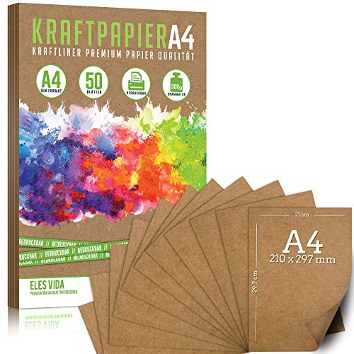 50 Blatt Kraftpapier A4 - 300 g - 21 x 29,7 cm - Bedruckbar - DIN Format, Naturkarton & DIY Deko Bastelpapier Pappe Blätter aus Kraftkarton zum Basteln für Hochzeit, Vintage Geschenke Kartonpapier von ELES VIDA