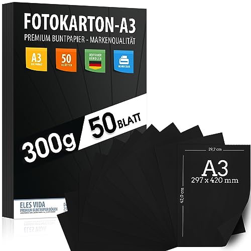 50 Blatt SCHWARZER Bastelkarton 300g/m² – PREMIUM PAPIER Tiefschwarz - DIN A3 - Druckerpapier Schwarz unbedruckt für Fotografie, Präsentationen, Basteln, FOTOKARTON, Karton - MADE IN GERMANY von ELES VIDA