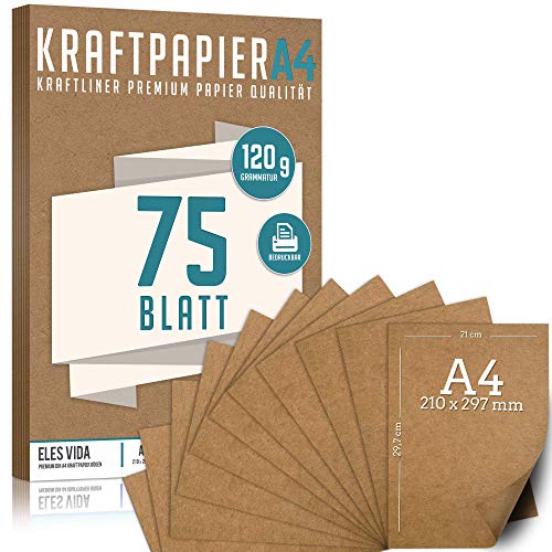 75 Blatt Kraftpapier A4 Set - 120 g - 21 x 29,7 cm - DIN Format - Bastelpapier & Naturkarton Pappe Blätter aus Kraftkarton zum Drucken, Kartonpapier Basteln für Vintage Hochzeit Geschenke Etiketten von ELES VIDA