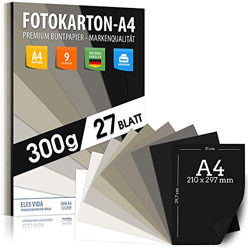 Grau und Schwarz Töne A4 FOTOKARTON 300g /m² – PREMIUM PAPIER - 21 x 29,7 cm - Durchgefärbt Dunkel unbedruckt für Fotografie, Präsentationen, Basteln, Scrapbooking, Karton MADE IN GERMANY 27 Blatt von ELES VIDA