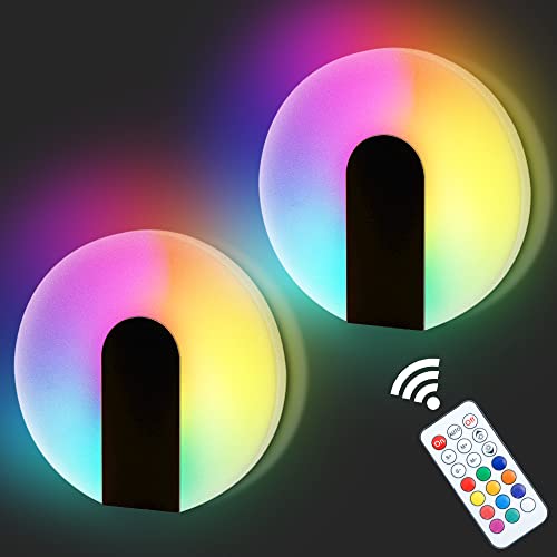 ELINKUME Wandlampe Innen Ohne Stromanschluss Batteriebetrieben, Usb Lader Remote RGB Led Wandlampe, Lochfrei Magnetisch Rund Modern Wandleuchte für Schlafzimmer Badezimmer Gang (2 Stücke) von ELINKUME