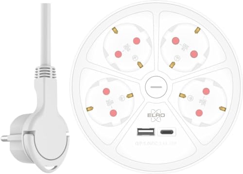 ELRO ES604 6-Fach Design Steckdosenleiste mit 1.5 m Kabel und Schalter – 4 x Steckdose + USB + USB-C – Kindersicherung – Schuko-Stecker – max. 3680 W – TÜV-geprüft von ELRO