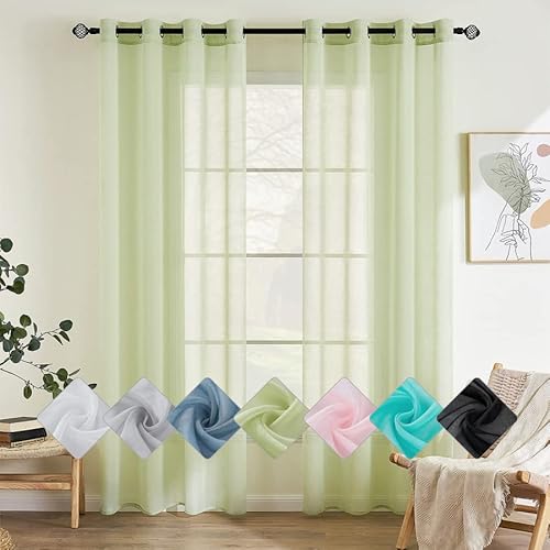 EMEMA 2er Set Sheer Voile Vorhang mit Ösen Transparente Gardine aus Voile Polyester Ösenschal Transparent Wohnzimmer Luftig Dekoschal für Schlafzimmer 140 X 225 cm (B x H) Grün von EMEMA