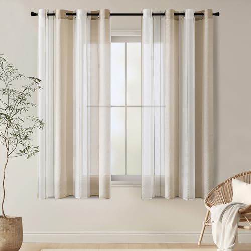 EMEMA Gardinen Gestreift Transparent mit Ösen Voile Vorhänge Wohnzimmer Modern 2er Set Vorhang Schlafzimmer Transparent mit Muster Vorhang Halbtransparent Streifen 140 x 175cm Beige Weiss Gestreift von EMEMA