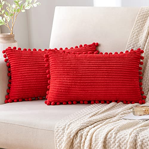 EMEMA Kissenbezug Kordsamt Sofakissen Pompon Samt Kissenbezüge Dekokissen Zierkissen Dekorative Kissenhülle Zierkissenbezug 2er Set für Sofa Wohnzimmer Schlafzimmer Cafeteria 30x50cm Rot von EMEMA