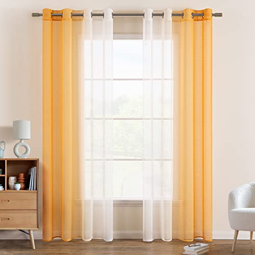 EMEMA Voile Vorhang Zweifarbiger Vorhang mit Ösen Transparente Gardine Ösenschal Fensterschal Lichtdurchlässig für Schlafzimmer 2er Set 140x215cm Orange von EMEMA