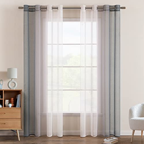 EMEMA Voile Vorhang Zweifarbiger Vorhang mit Ösen Transparente Gardine Ösenschal Fensterschal Lichtdurchlässig für Schlafzimmer 2er Set 140x245cm Grau von EMEMA