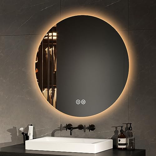 EMKE Badspiegel mit Beleuchtung Rund 70cm Badezimmerspiegel mit 3 Lichtfarbe dimmbar, Touch, Speicherfunktion Energiesparend Badezimmerspiegel Wandspiegel rund von EMKE
