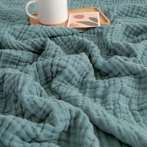 EMME Baumwolldecke 100% Musselin Decke Erwachsene, 6-Lagige Sofadecken Atmungsaktive Weiche Decke Alle Jahreszeiten Vorgewaschen Couch Decken Baumwolle Tagesdecke, 140 x 190 cm,Blaugrün von EMME