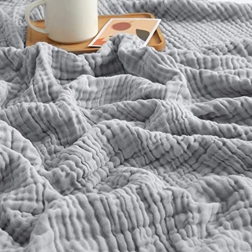 EMME Baumwolldecke 100% Musselin Decke Erwachsene, 6-Lagige Sofadecken Atmungsaktive Weiche Decke Alle Jahreszeiten Vorgewaschen Couch Decken Baumwolle Tagesdecke, 140 x 190 cm,hellgrau von EMME