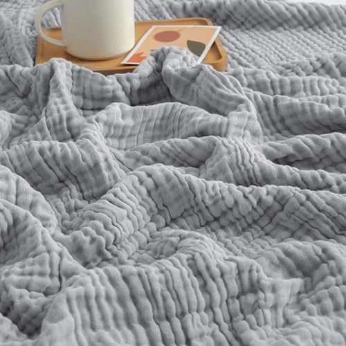 EMME Baumwolldecke 100% Musselin Decke Erwachsene 127 x 152 cm, 6-Lagige Sofadecken Atmungsaktive Weiche Groß Decke Alle Jahreszeiten Vorgewaschen Couch Decken Baumwolle Tagesdecke, hellgrau von EMME