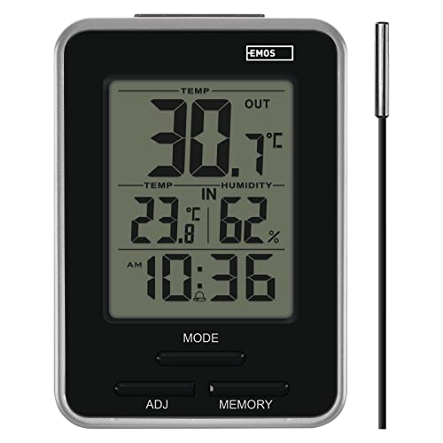 EMOS Digitales Thermometer mit Außensensor, Innen- und Außenthermometer und Hygrometer, Anzeige Min. und Max. Messwerte, Wecker mit Snooze-Funktion, batteriebetrieben von EMOS