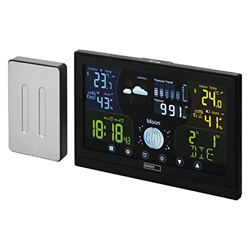 EMOS Funk Wetterstation mit Außensensor und Touchscreen-Farbdisplay + Netzteil, 13 Funktionen: Thermometer, Hygrometer, Barometer, Wettervorhersage, Funkuhr von EMOS