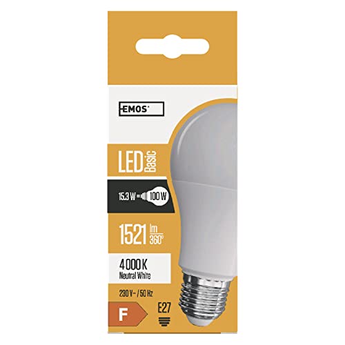 EMOS LED Lampe Classic A60, 15,3W Ersatz für 100W Glühbirne, E27 Sockel, Helligkeit 1521 lm, Neutralweiß 4000K, 20000 h Leuchtdauer, CRI min. 80, 250° Abstrahlwinkel von EMOS