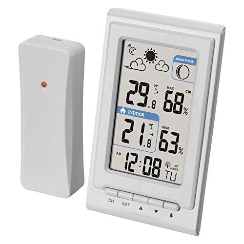 EMOS Mini Funk-Wetterstation mit Außensensor, mißt Innen- und Außentemperatur, Feuchtigkeit, Wettervorhersage, Funkuhr mit Wecker von EMOS