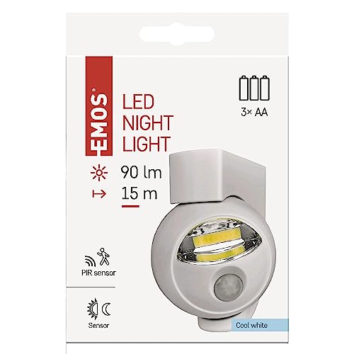 EMOS P3311 LED Nachtlicht mit Bewegungsmelder, Dämmerungssensor und Schalter, 90 Lumen, 360° drehbar, Reichweite 10m, Leuchtweite 15m, Orientierungslicht für Treppe, Flur, Innen, Weiß von EMOS