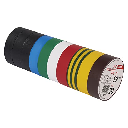 EMOS PVC-Isolierband Mix 10er Pack, 19mm x 20m, 0,13mm Bandstärke, selbstklebend, hohe Spannungsfestigkeit und Anwendungstemperaturbereich, UV-beständig, wasserdichte Verbindung, ohne Textilgewebe von EMOS