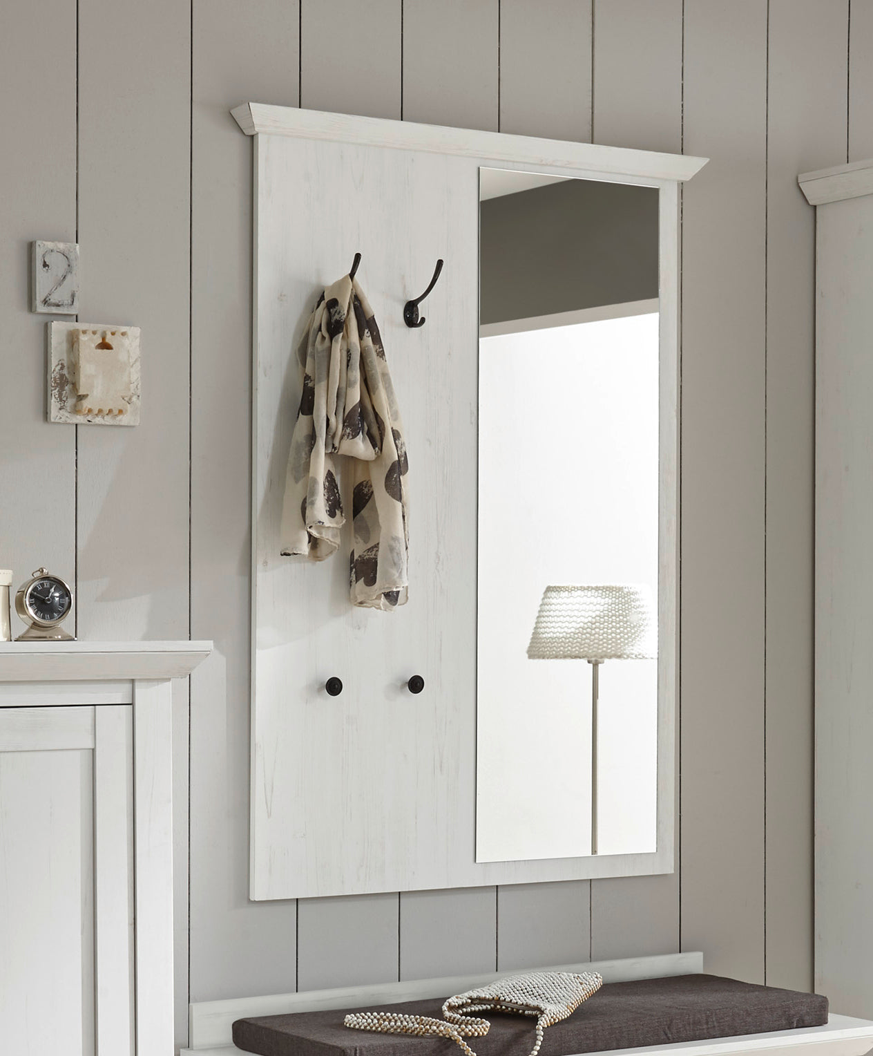 Garderobenpaneel mit Spiegel 105x140 cm weiß Pinie WALES von EMPINIO24