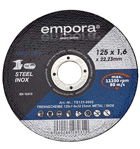 EMPORA Trennscheibe - Trennscheibe 125mm - Trennscheibe für Winkelschleifer - Inox Stahl Metall Blech - INOX STAHL METALL Ø125 mm x 1,6 mm x 22,23 mm - max. 13300 RPM - 80 m/s - EN. 12413 von EMPORA
