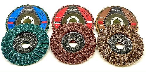 Empora Vlieslamellenscheibe - Vliesscheibe - Fächerscheibe - Polierscheibe - Grob-Mittel-Fein - Braun-Rot-Blau - Ø115mm-Ø125mm x 22,23-80 m/s (115 mm, Grob (braun), 10) von EMPORA